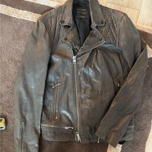 AllSaints Brown Quilted-Shoulder Leather Rider Jacket sz l